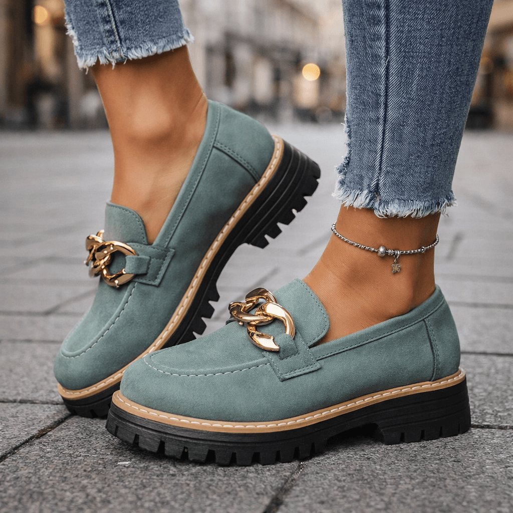 Women's Soft Suede Loafers with Gold Chain Detail Klara