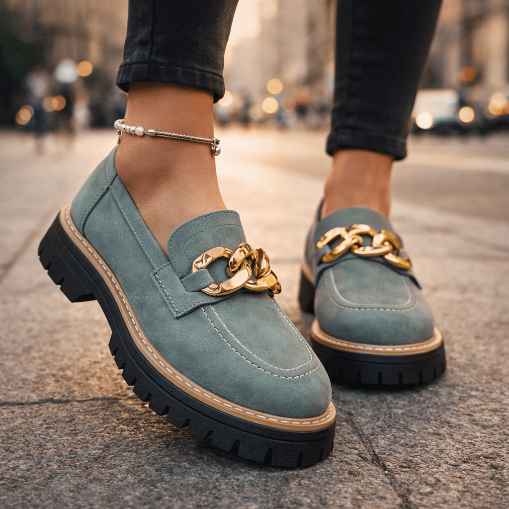 Women's Soft Suede Loafers with Gold Chain Detail Klara