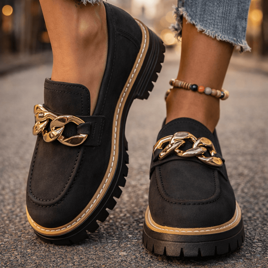 Women's Soft Suede Loafers with Gold Chain Detail Klara