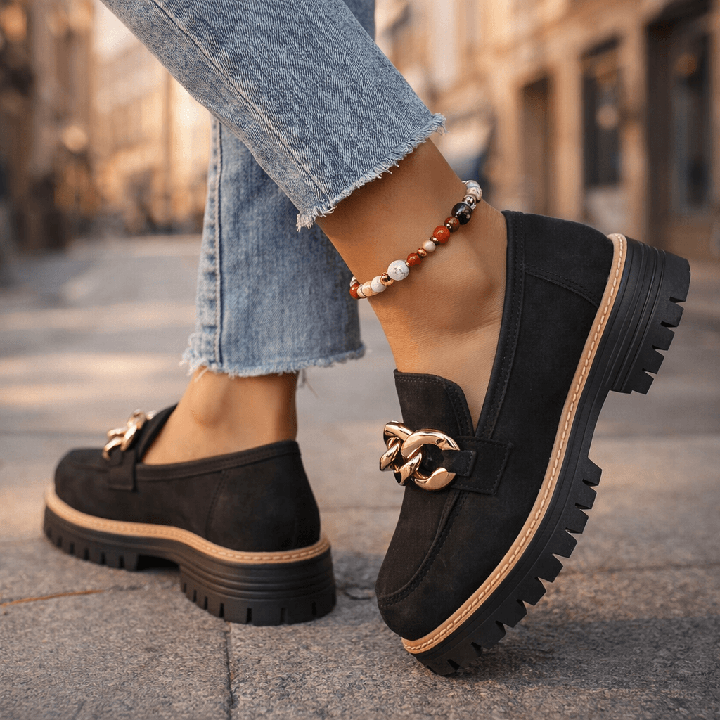 Women's Soft Suede Loafers with Gold Chain Detail Klara