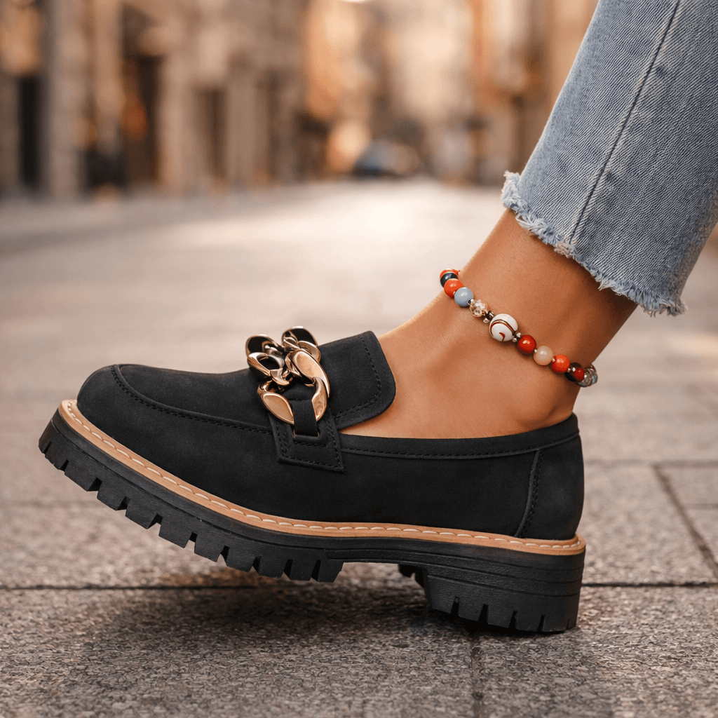 Women's Soft Suede Loafers with Gold Chain Detail Klara