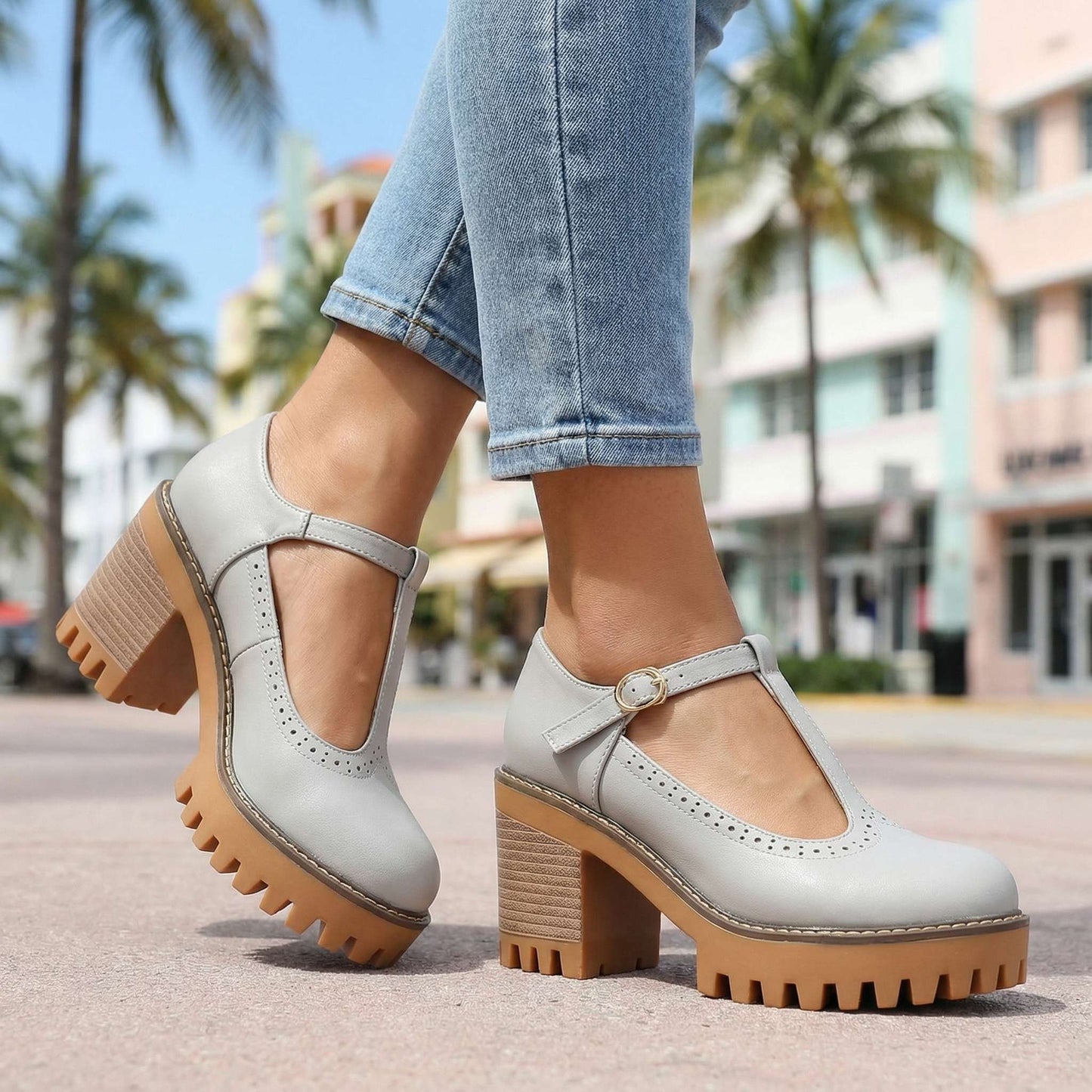 Women's T-Strap Mary Jane Heels Klara
