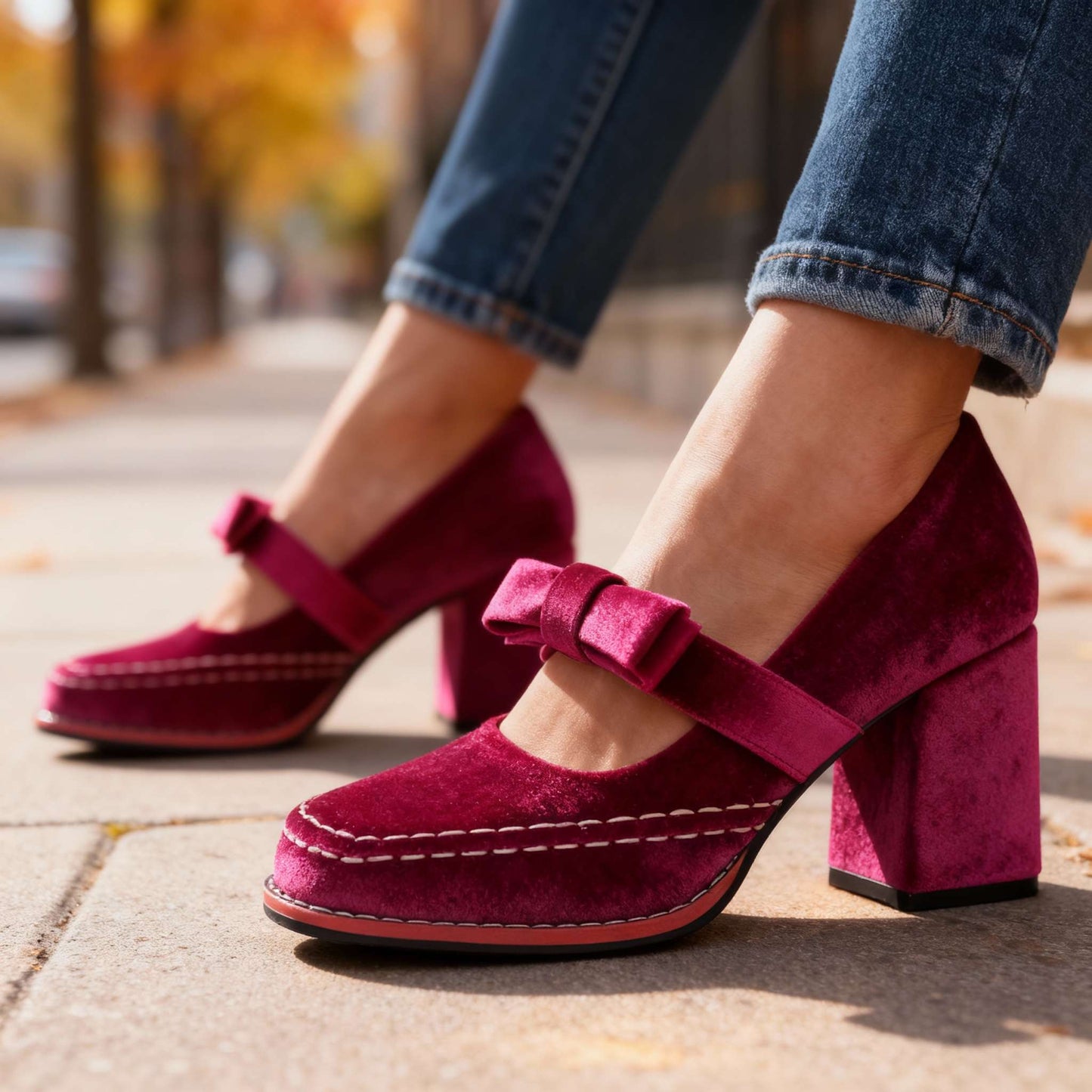 Women's Velvet Block Heel Loafers Klara