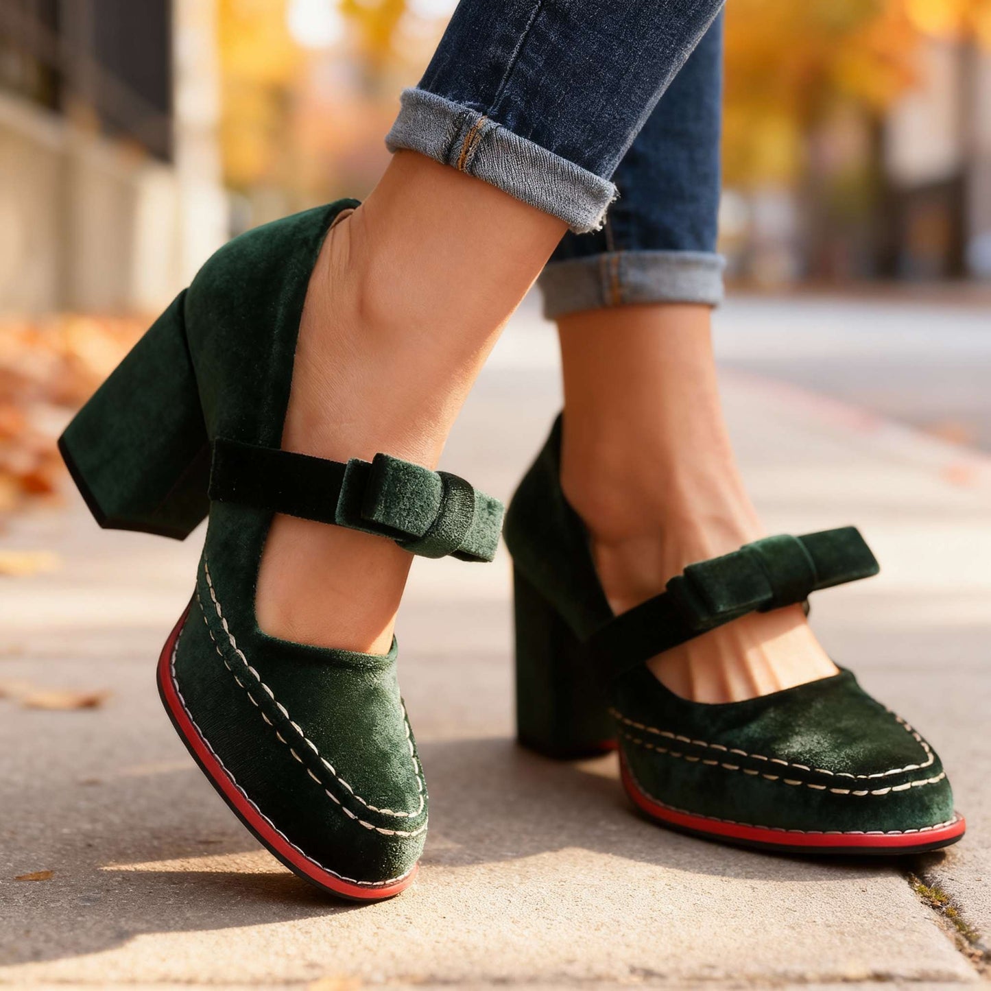 Women's Velvet Block Heel Loafers Klara