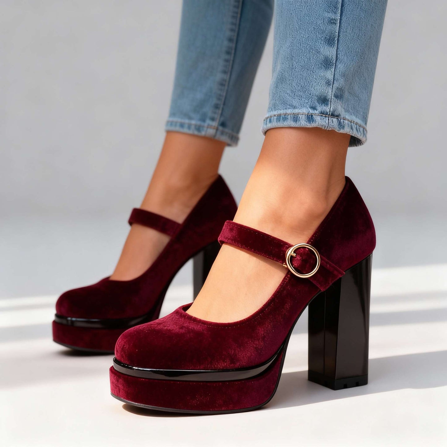 Women's Velvet Block Heel Mary Jane Shoes Klara