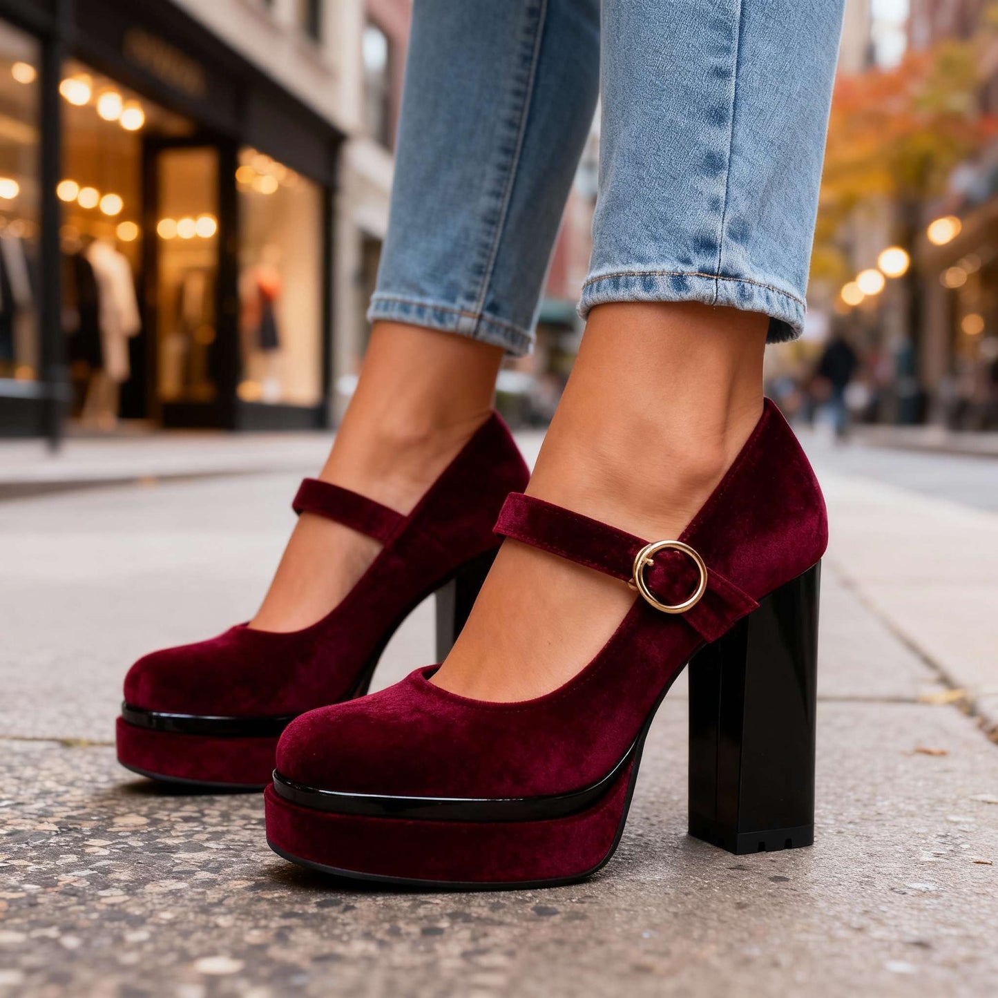 Women's Velvet Block Heel Mary Jane Shoes Klara
