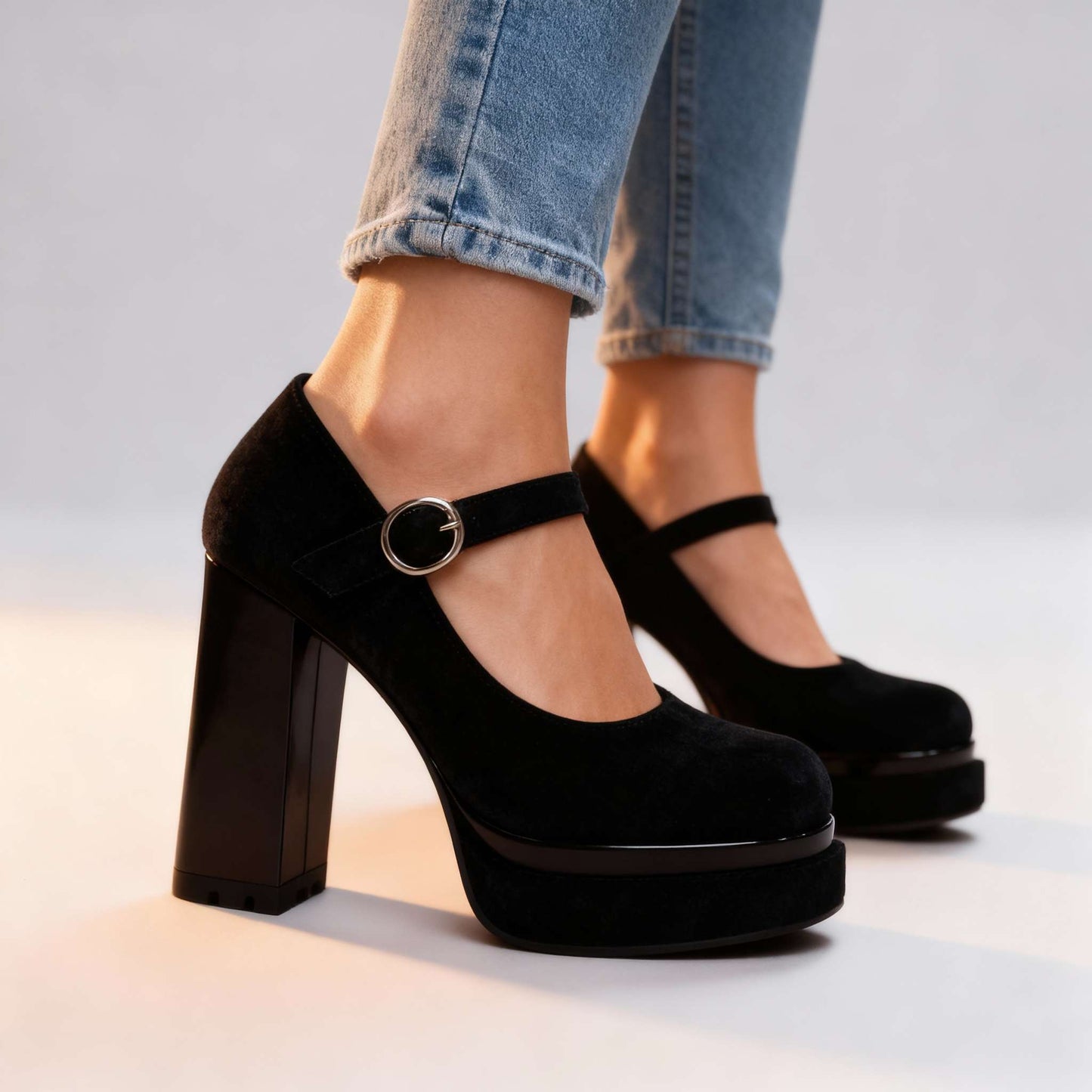 Women's Velvet Block Heel Mary Jane Shoes Klara