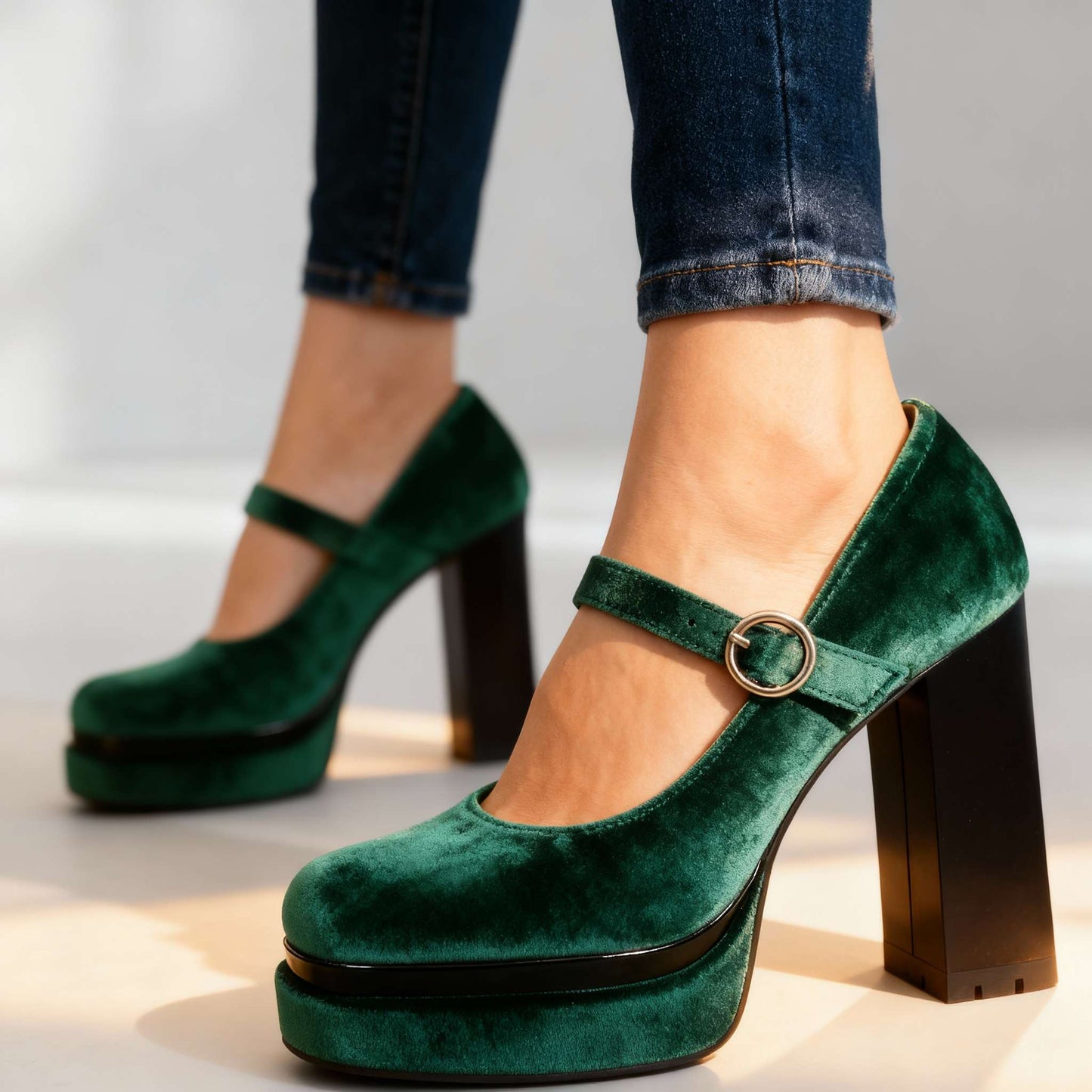 Women's Velvet Block Heel Mary Jane Shoes Klara