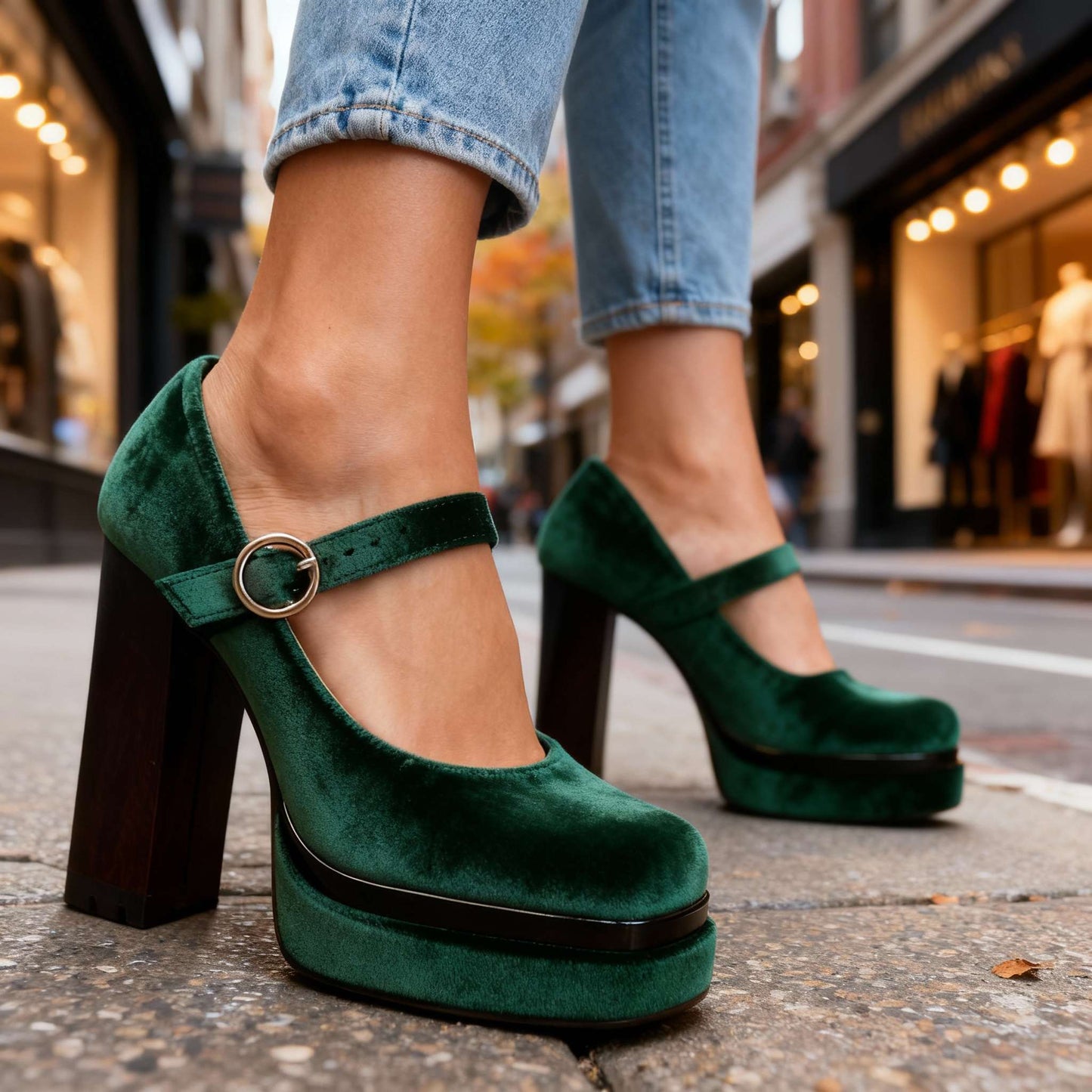 Women's Velvet Block Heel Mary Jane Shoes Klara