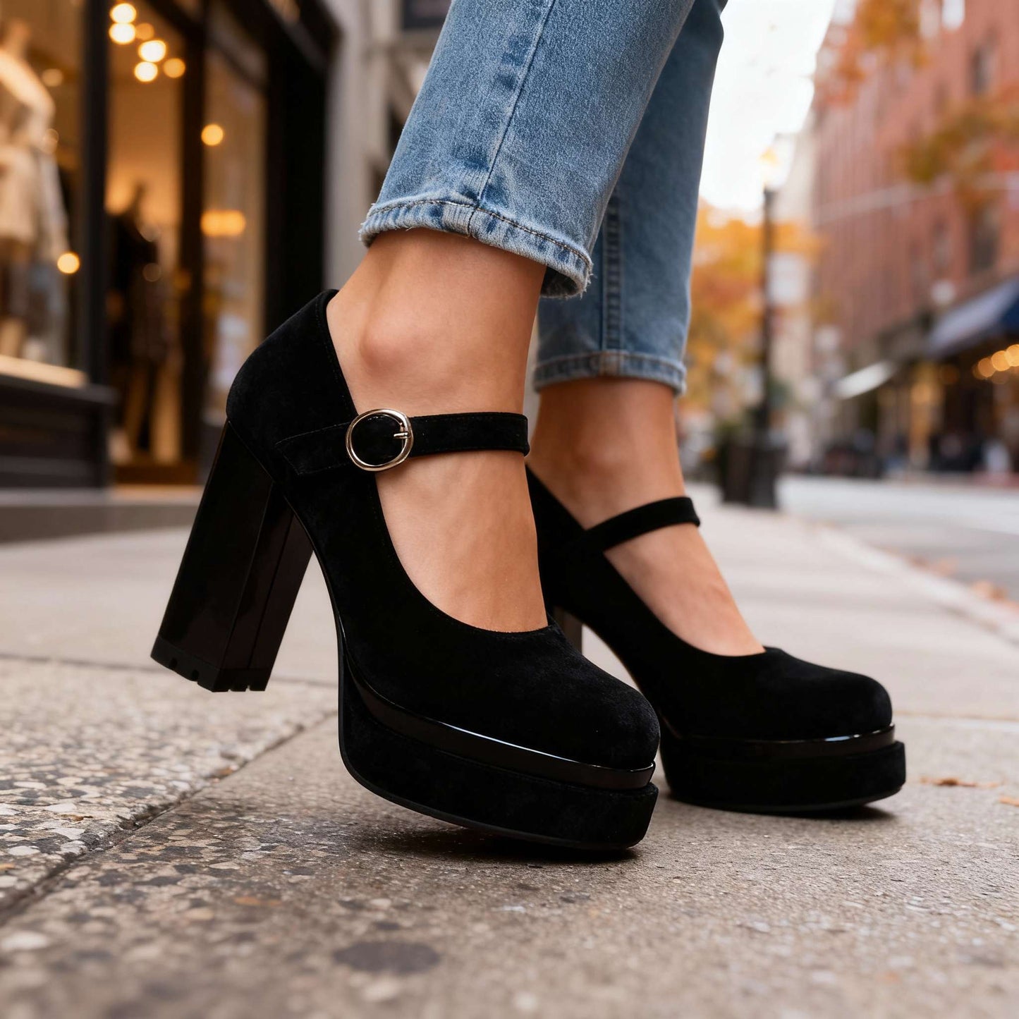 Women's Velvet Block Heel Mary Jane Shoes Klara