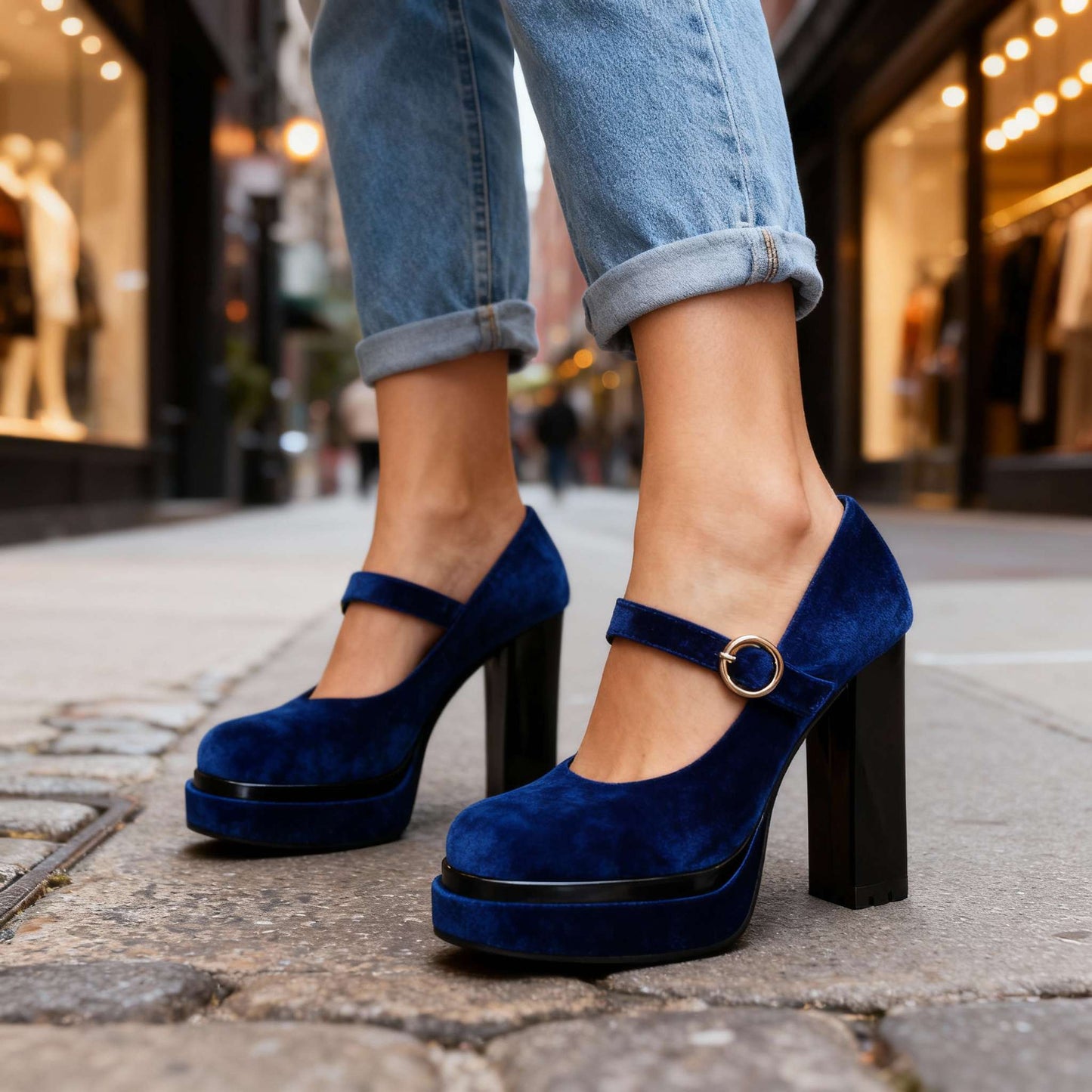 Women's Velvet Block Heel Mary Jane Shoes Klara