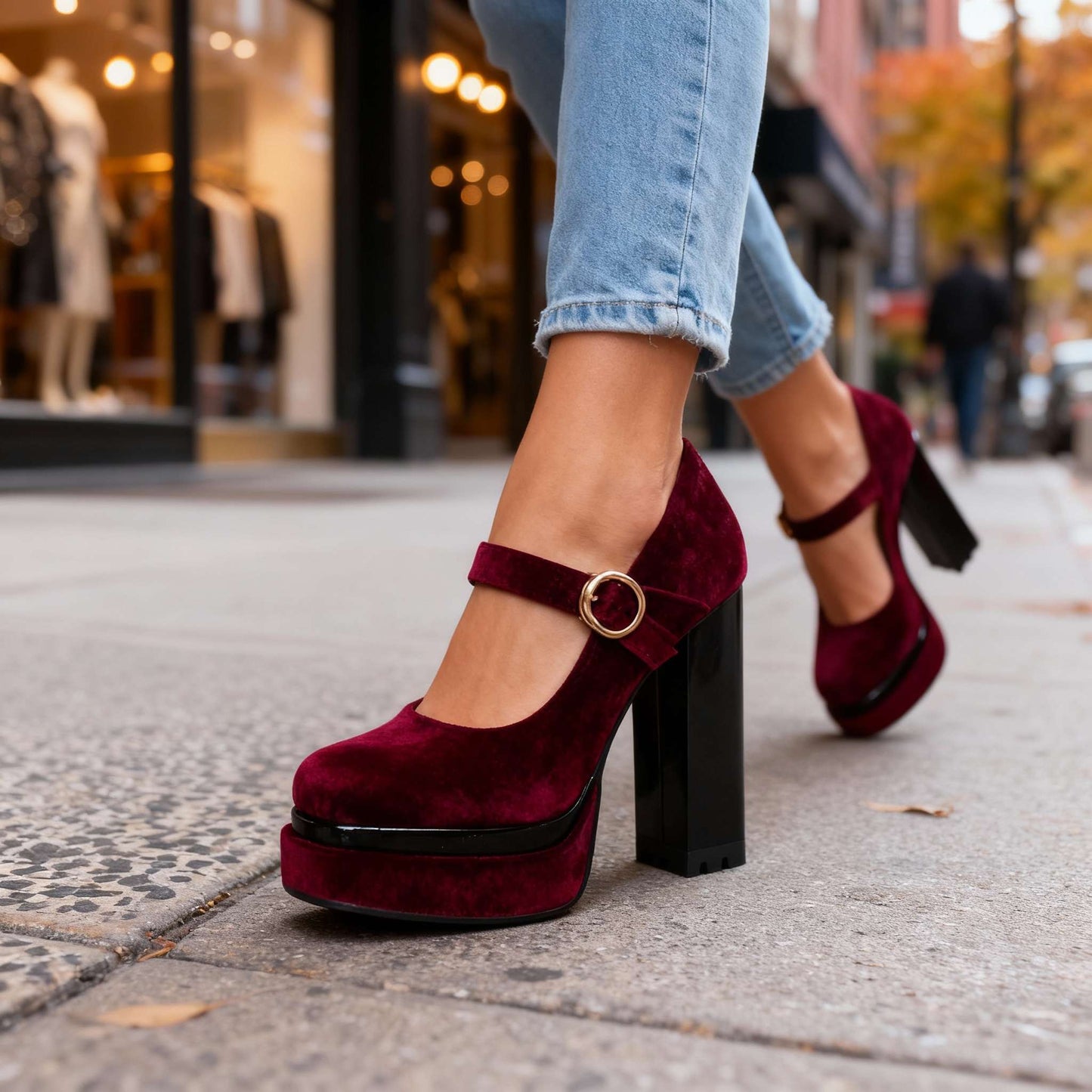 Women's Velvet Block Heel Mary Jane Shoes Klara