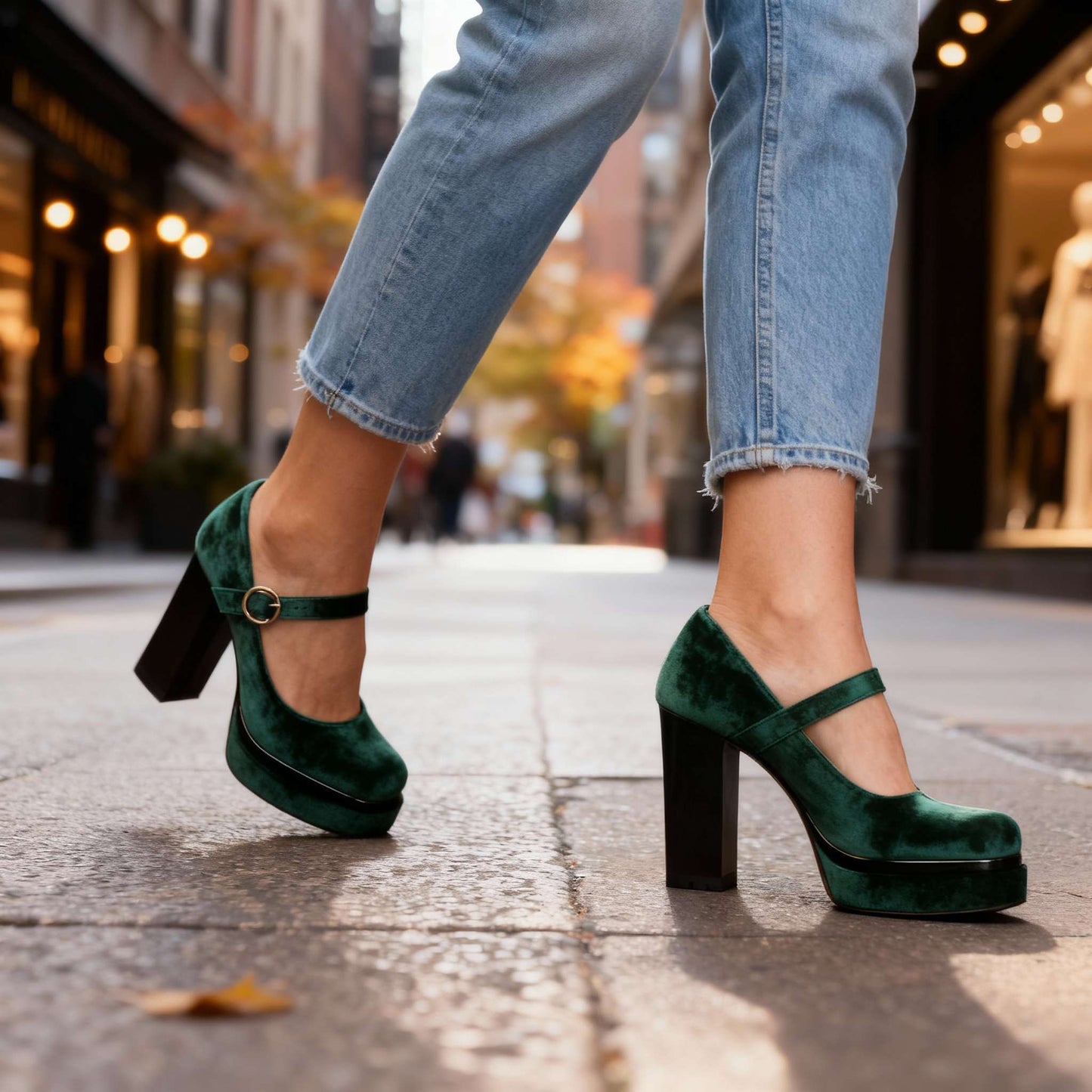 Women's Velvet Block Heel Mary Jane Shoes Klara