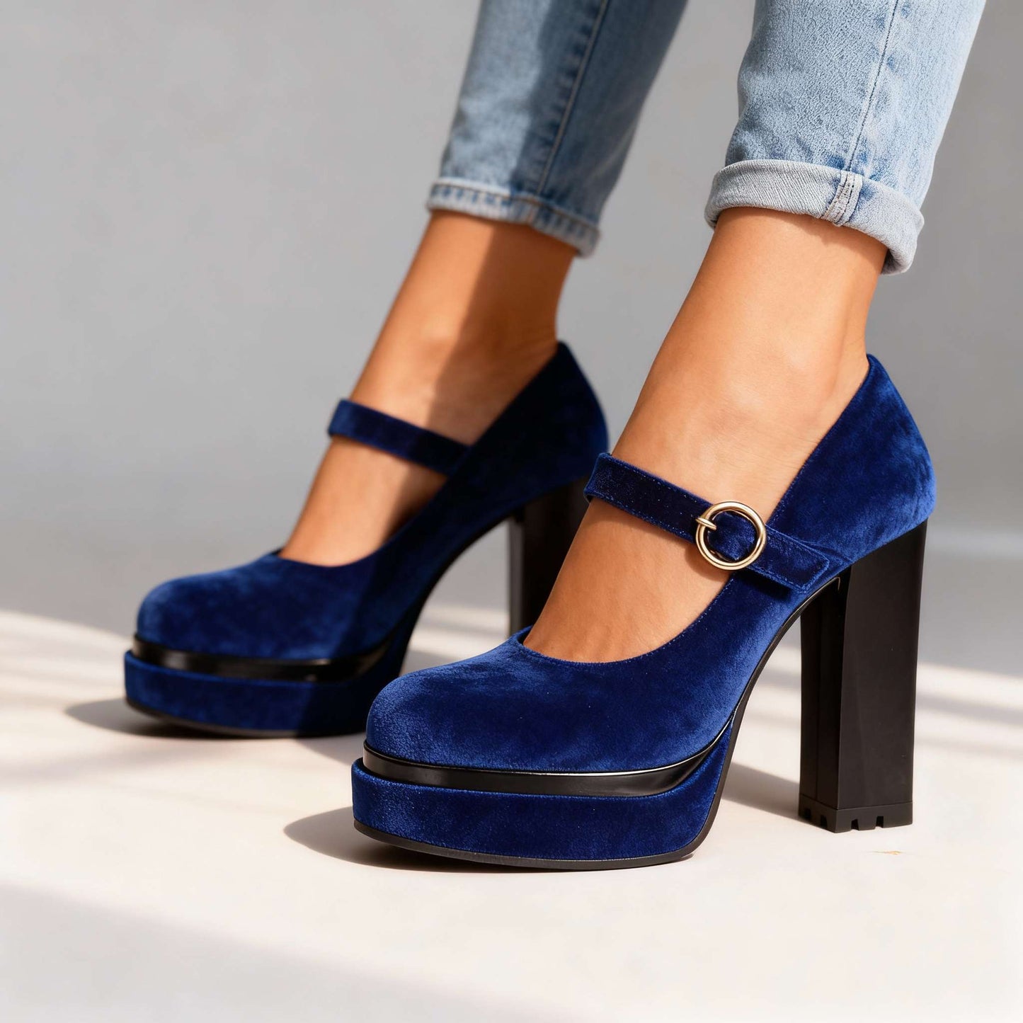 Women's Velvet Block Heel Mary Jane Shoes Klara