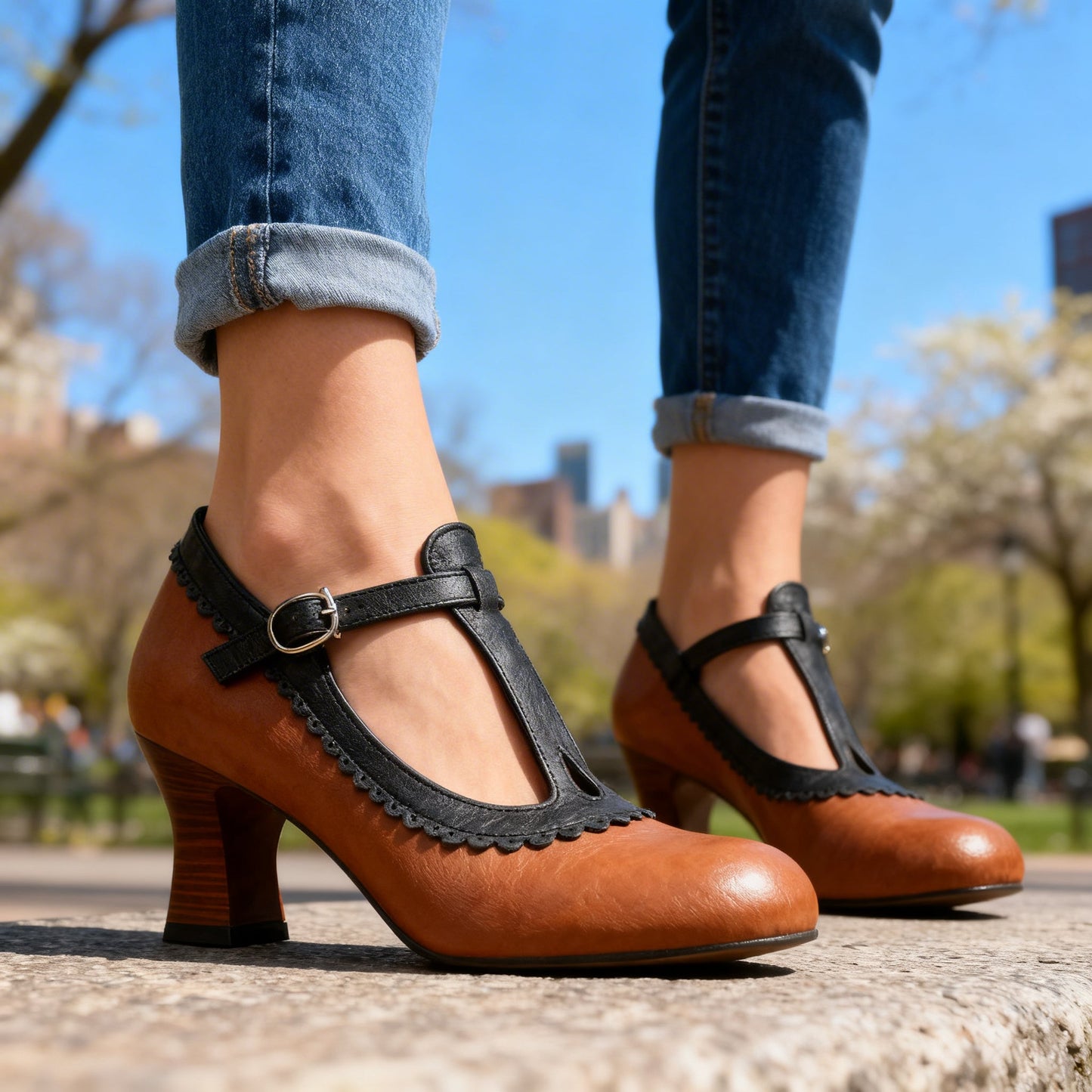 Women's Vintage Design Wavy T-Strap Slippers Klara