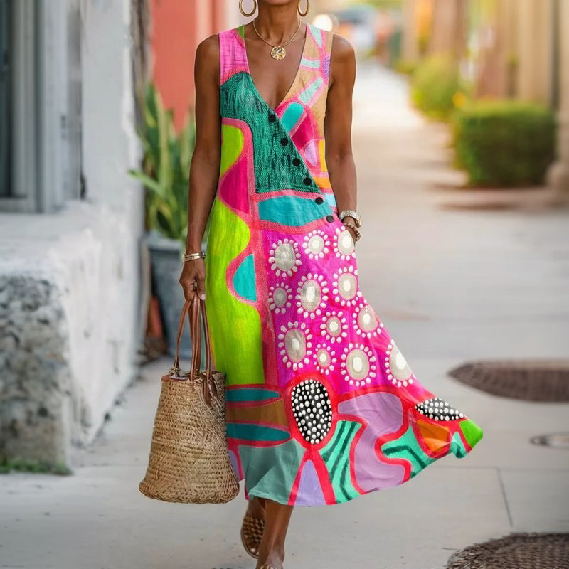 Women's Vintage V-Neck Calf-Length Summer Dress Klara