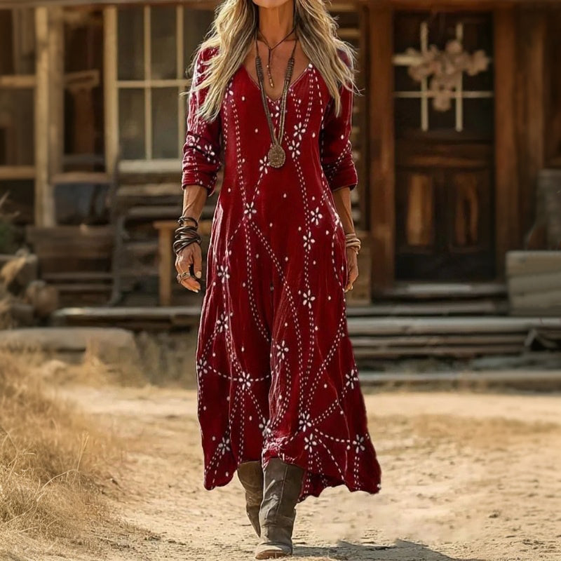 Women's Vintage V-Neck Long Sleeve Dress Klara