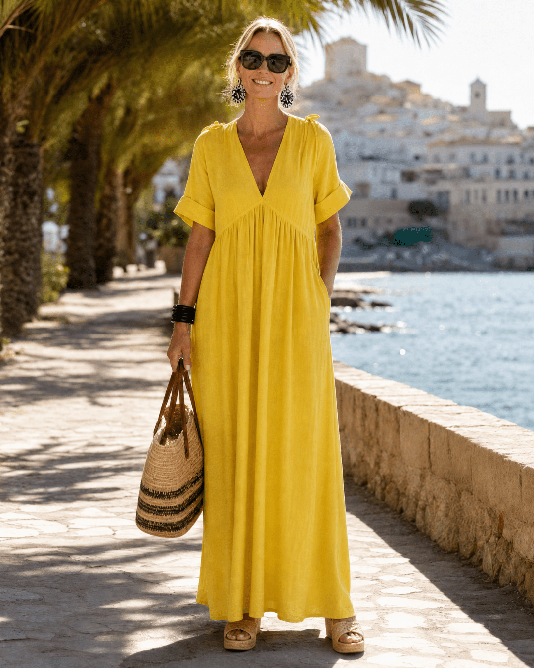 Women's Woven V-Neck Flowy Midi Dress Klara