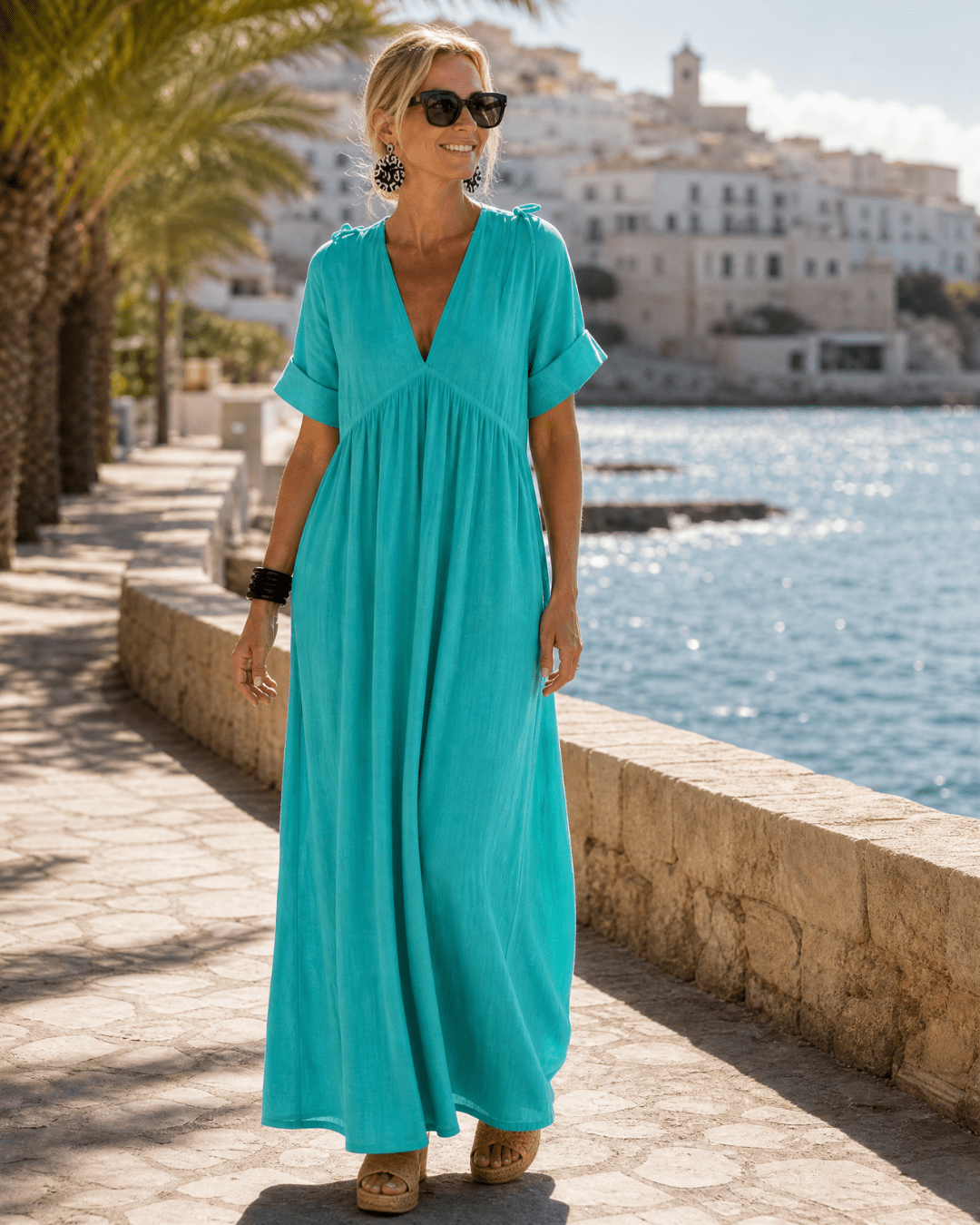 Women's Woven V-Neck Flowy Midi Dress Klara